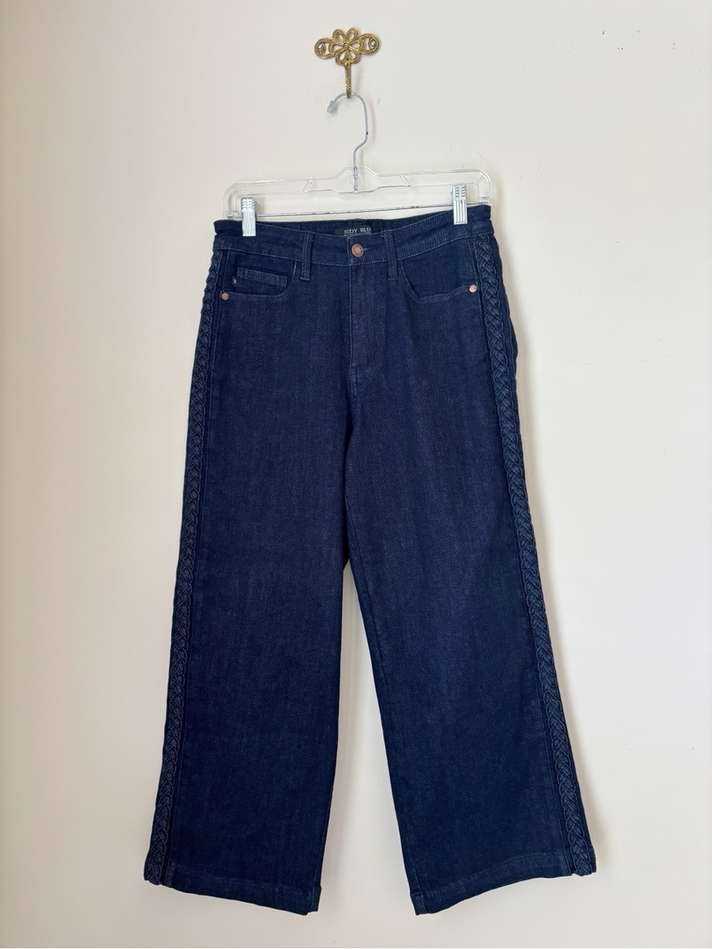 Judy Blue Dottie Side Seam Braid Cropped Wide Leg Jeans Sz 7 28